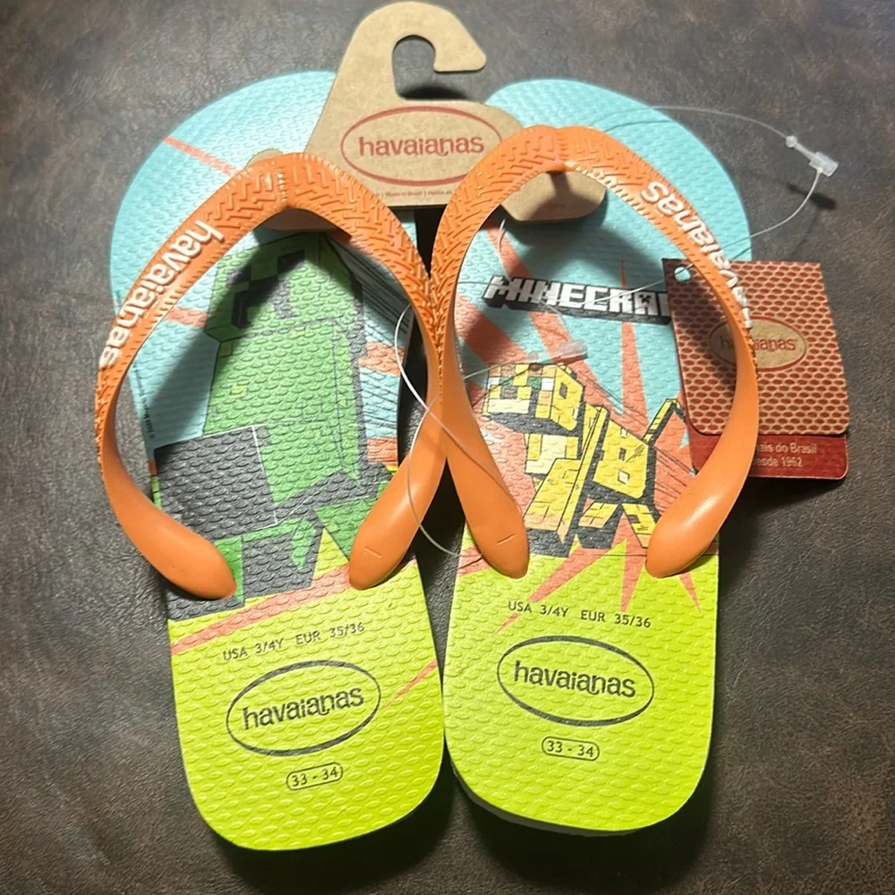 HAVAIANAS LIMITED EDITION MINECRAFT FLIP FLOP SANDALS: NEW WITH TAGS: SIZE 3/4